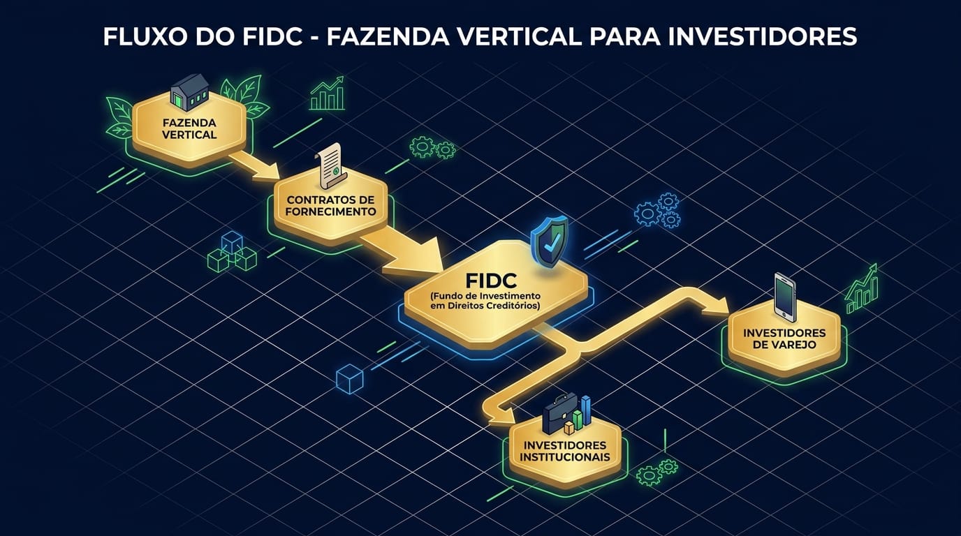 Infográfico ilustrando o fluxo de um FIDC para fazendas verticais, conectando a fazenda, contratos, securitizadora, o fundo e os investidores.