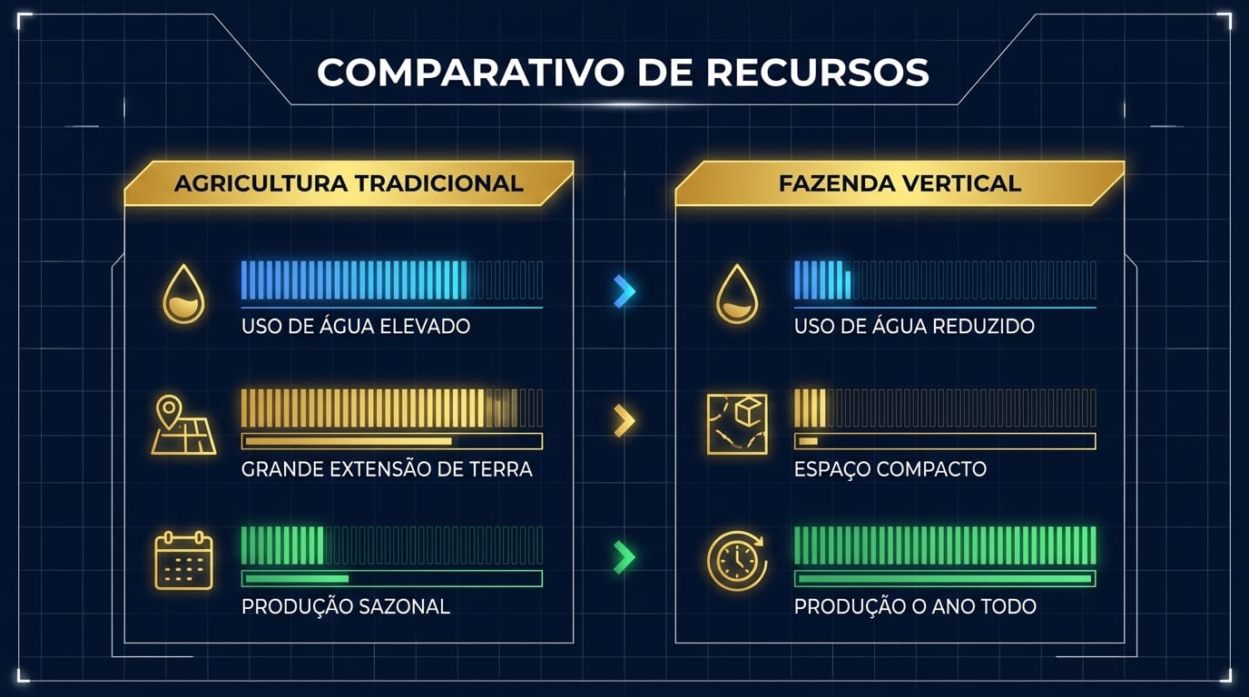Comparativo visual entre agricultura tradicional e fazenda vertical, destacando a economia de recursos como água e terra.