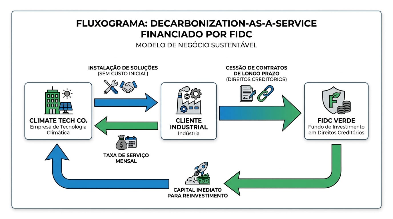 Diagrama de fluxo ilustrando o modelo 'Decarbonization-as-a-Service', onde a Climate Tech instala a solução, recebe pagamentos mensais, cede os contratos a um FIDC e obtém capital imediato para reinvestir.