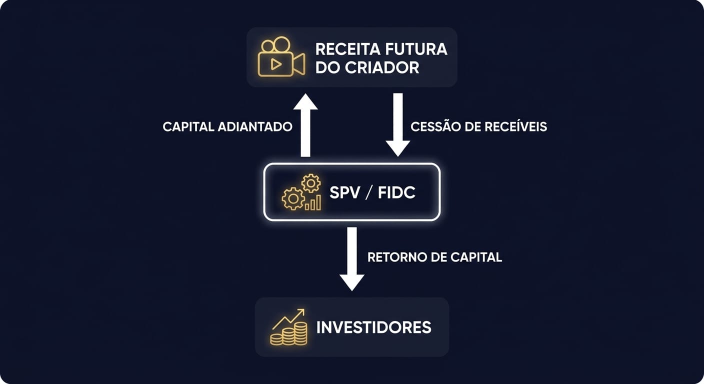 Fluxograma do funcionamento de um FIDC para Criadores, mostrando o fluxo de receita futura para o FIDC e o capital adiantado para o criador