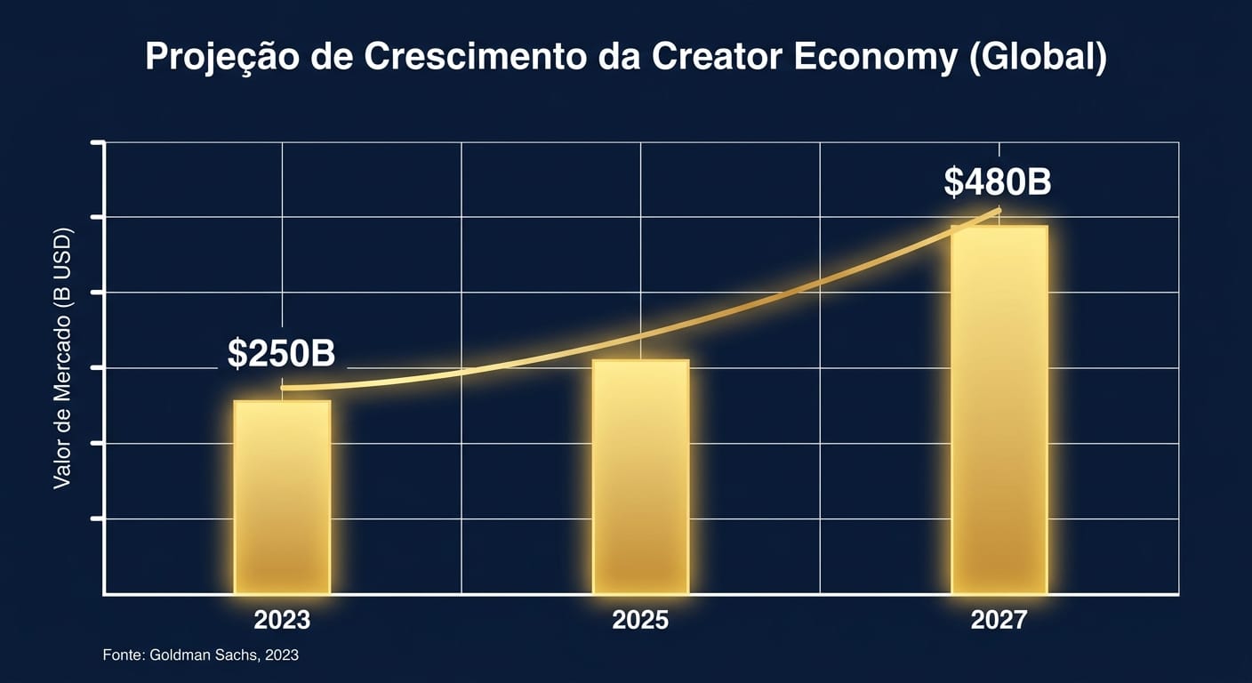Gráfico de barras mostrando o crescimento projetado da Creator Economy de $250B em 2023 para $480B em 2027