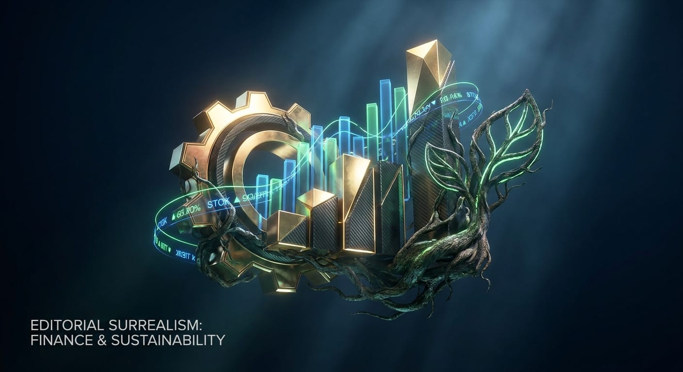 Representação futurista da interseção entre finanças e sustentabilidade, com gráficos financeiros e representações de créditos de carbono.