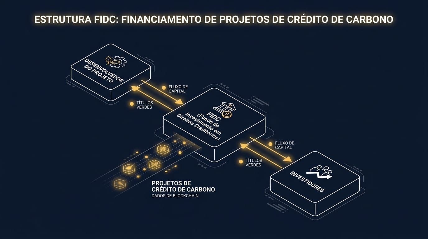 Diagrama ilustrando a estrutura de um FIDC de Carbono, mostrando o fluxo do desenvolvedor do projeto para o FIDC e para os investidores.