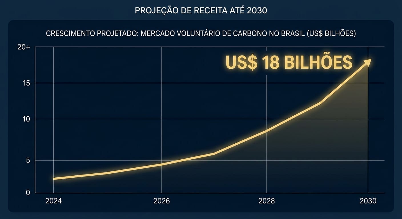 Gráfico projetando o crescimento exponencial do mercado voluntário de carbono no Brasil, com potencial de receita em bilhões de dólares até 2030.