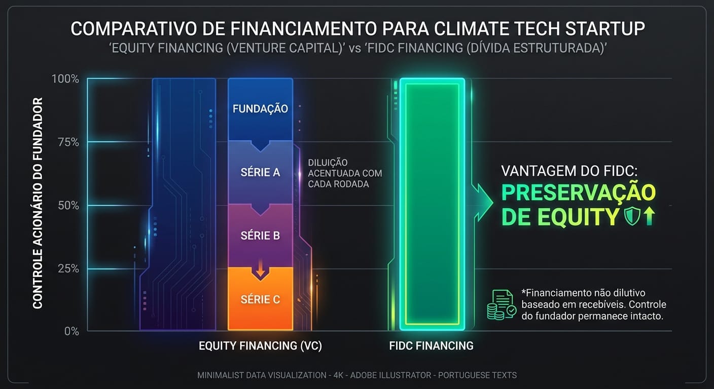 Gráfico comparativo mostrando que o controle acionário do fundador permanece em 100% com financiamento via FIDC, enquanto diminui a cada rodada de Venture Capital, destacando a natureza não-diluitiva da securitização.
