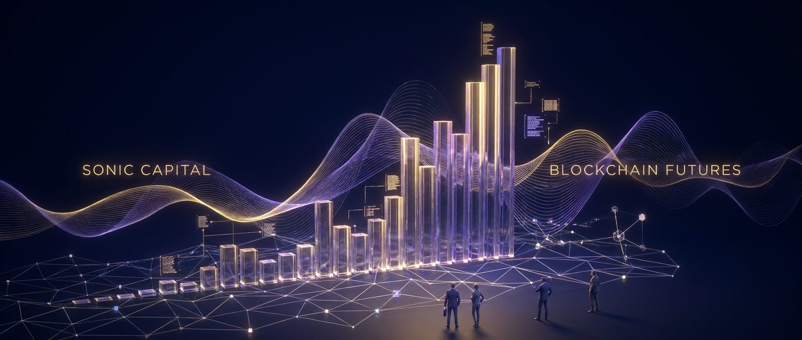 Fusão de música, finanças e tecnologia representada por ondas sonoras digitais se transformando em gráficos de crescimento financeiro sobre um fundo de blockchain. Paleta de cores em azul neon, roxo e dourado. Estilo abstrato e corporativo.