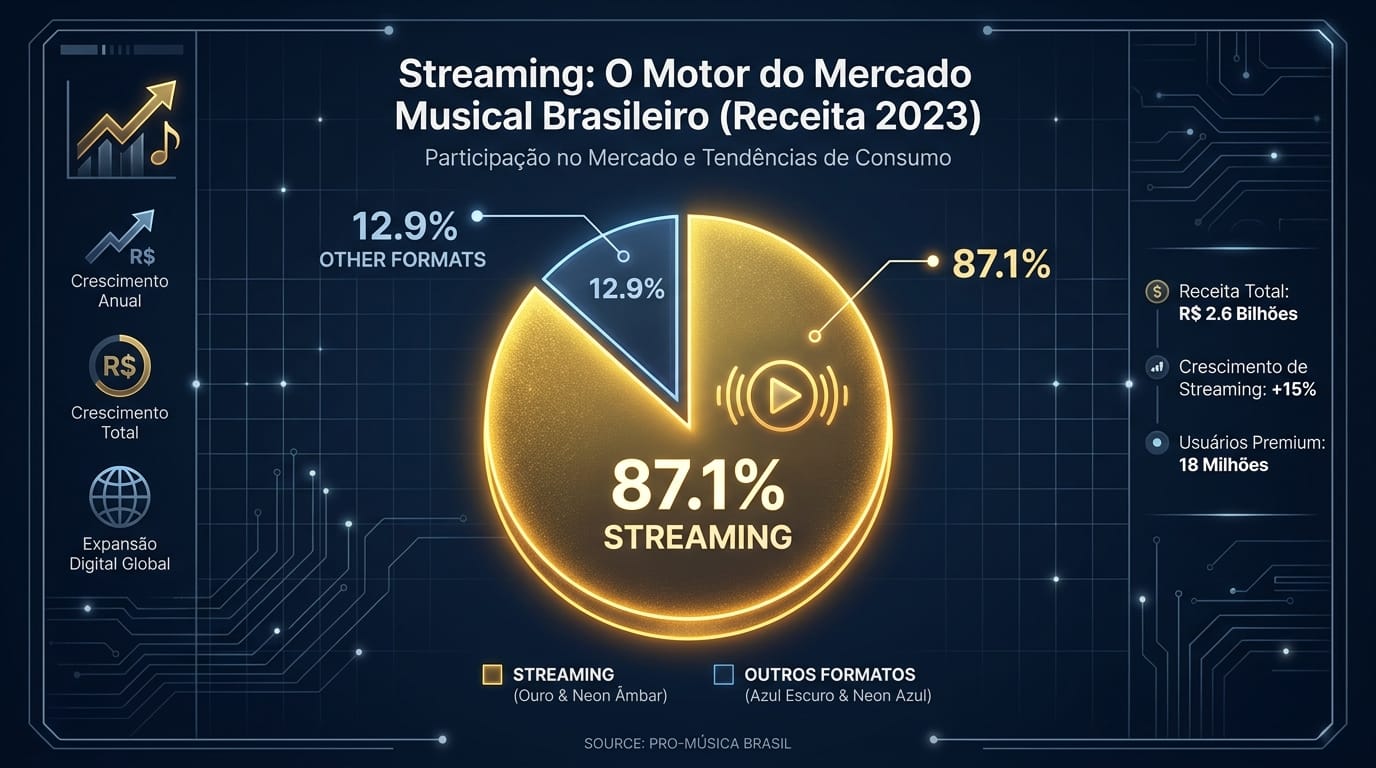Gráfico de pizza minimalista mostrando a fatia de 87,1% do streaming no mercado musical brasileiro em 2023. Título: 'Streaming: O Motor do Mercado Musical Brasileiro (Receita 2023)'. Fonte: Pro-Música Brasil.