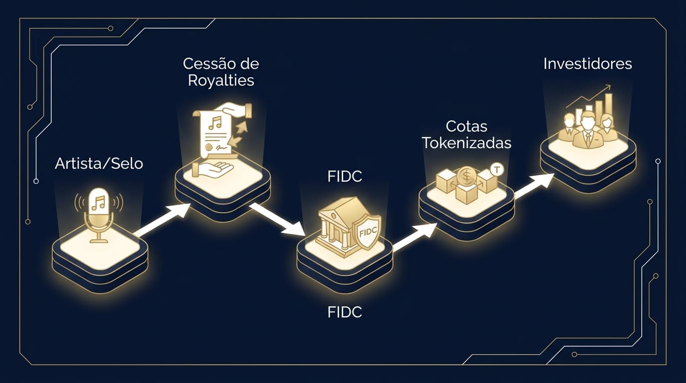 Diagrama de fluxo ilustrando o processo de securitização de royalties: Artista/Selo -> Cessão de Royalties -> FIDC -> Cotas Tokenizadas -> Investidores. Design limpo e profissional.