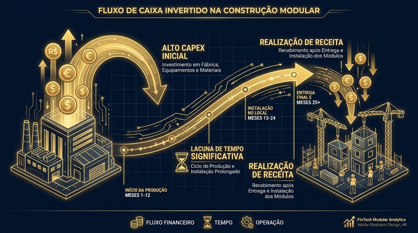 Infográfico ilustrando o ciclo de caixa invertido da construção modular, com alto investimento inicial na fábrica e receita realizada apenas na entrega, destacando o desafio de capital de giro que os FIDCs podem solucionar.
