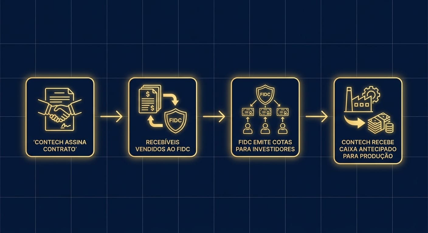 Diagrama de fluxo mostrando a operação de um FIDC para Contech, desde a assinatura do contrato até a captação de recursos com investidores e o pagamento à vista para a empresa, viabilizando a produção.