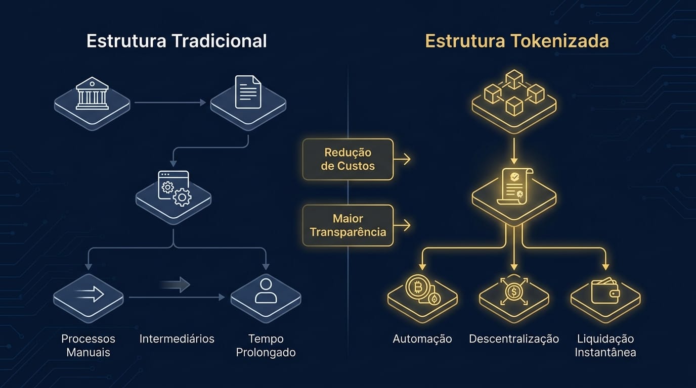 Diagrama comparativo entre a estrutura complexa de um FIDC tradicional e a estrutura simplificada de um FIDC tokenizado, destacando a redução de custos e o aumento da transparência.