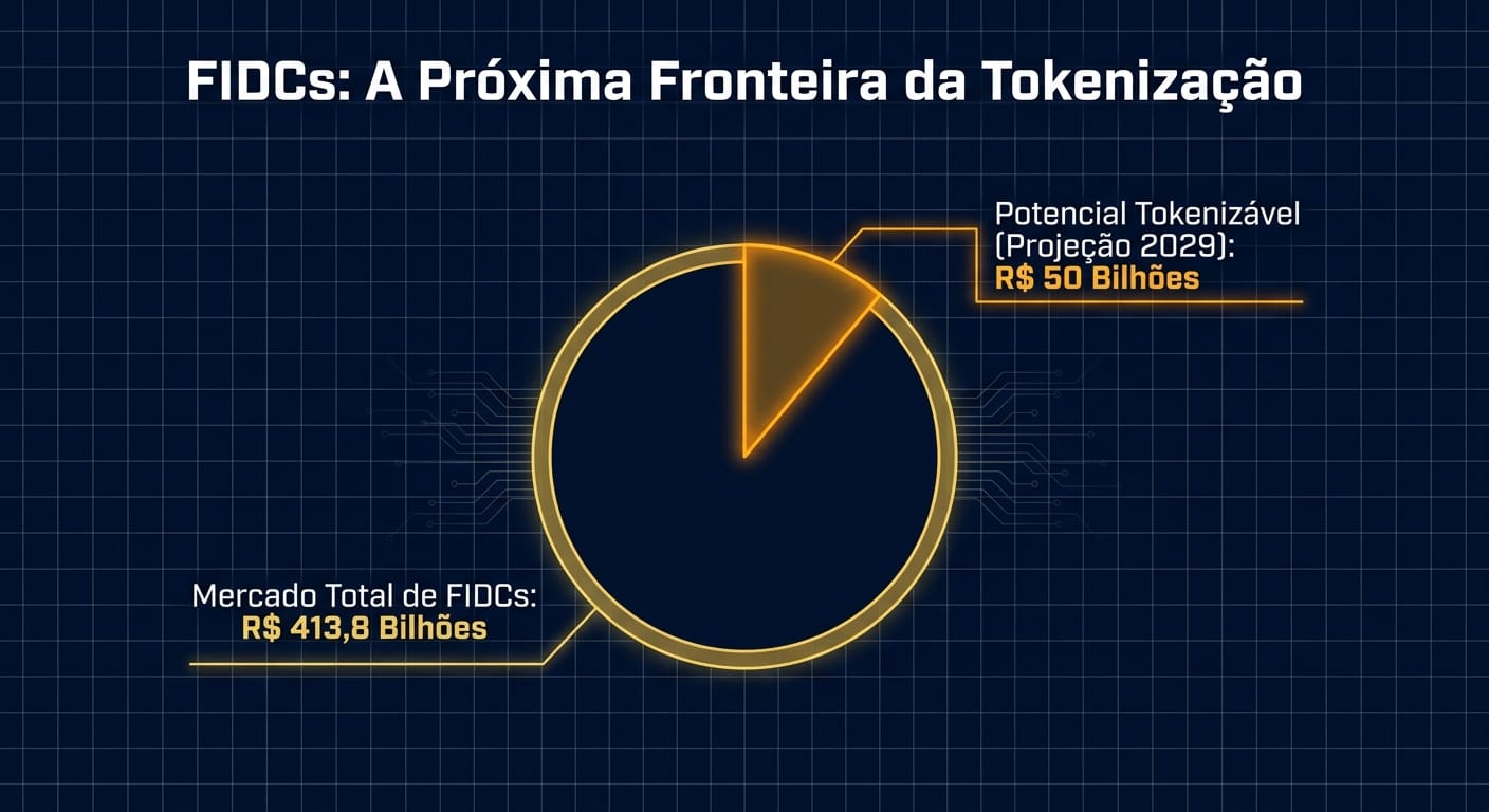 Gráfico ilustrando o potencial de mercado para FIDCs tokenizados, mostrando o mercado total de R$ 413,8 bilhões e uma projeção de crescimento para R$ 50 bilhões tokenizados até 2029.