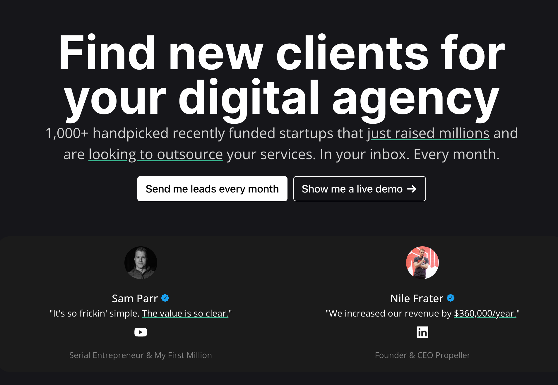 Cyberleads website showing Sam Parr comment