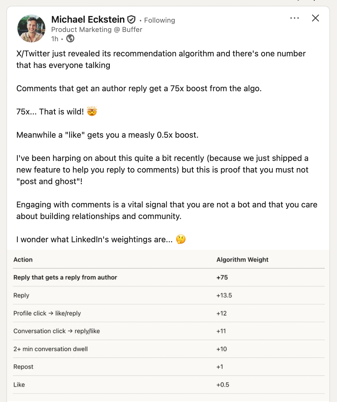 LinkedIn post about new X algo
