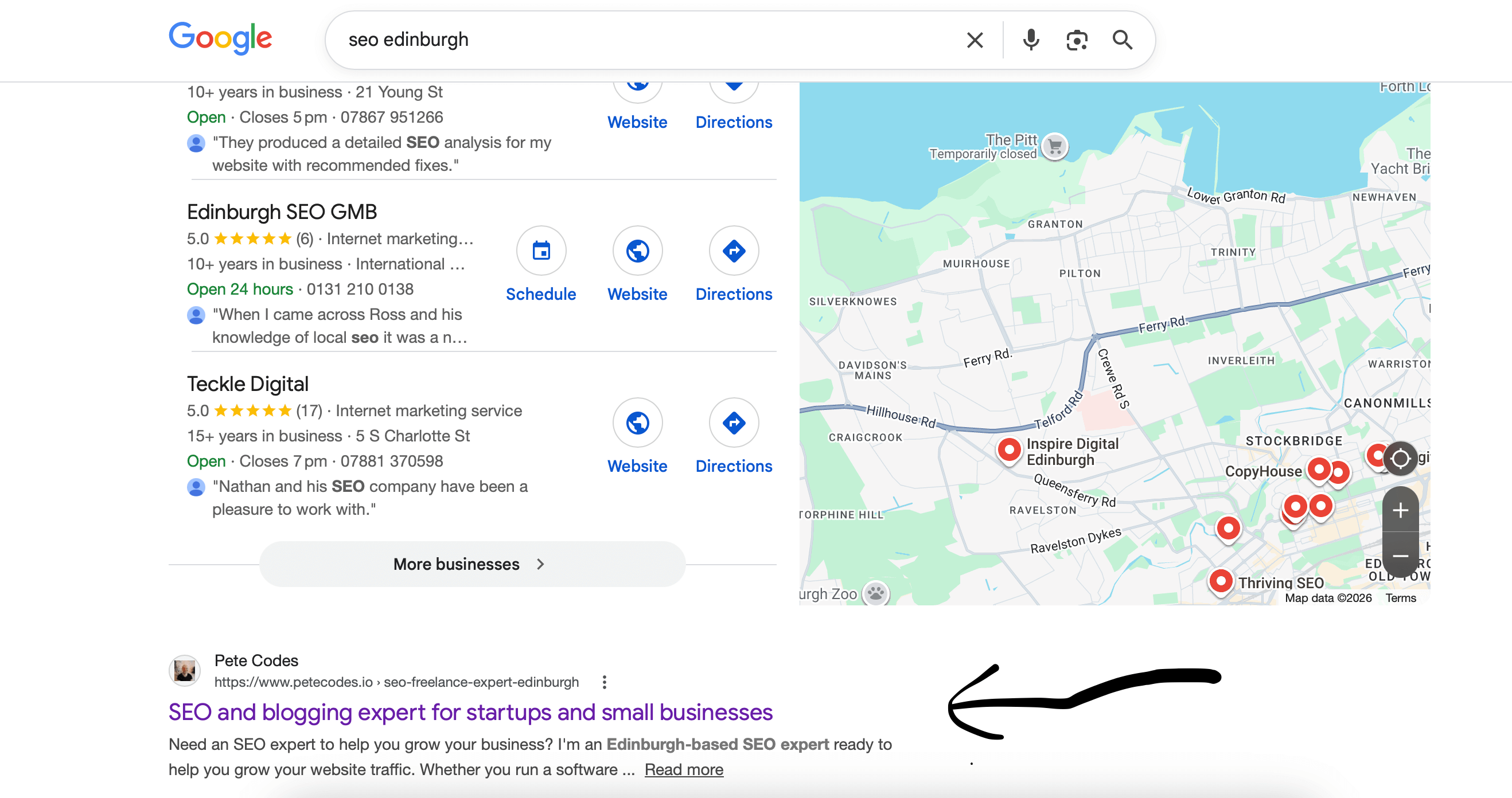 Google result for SEO Edinburgh showing Pete site first 