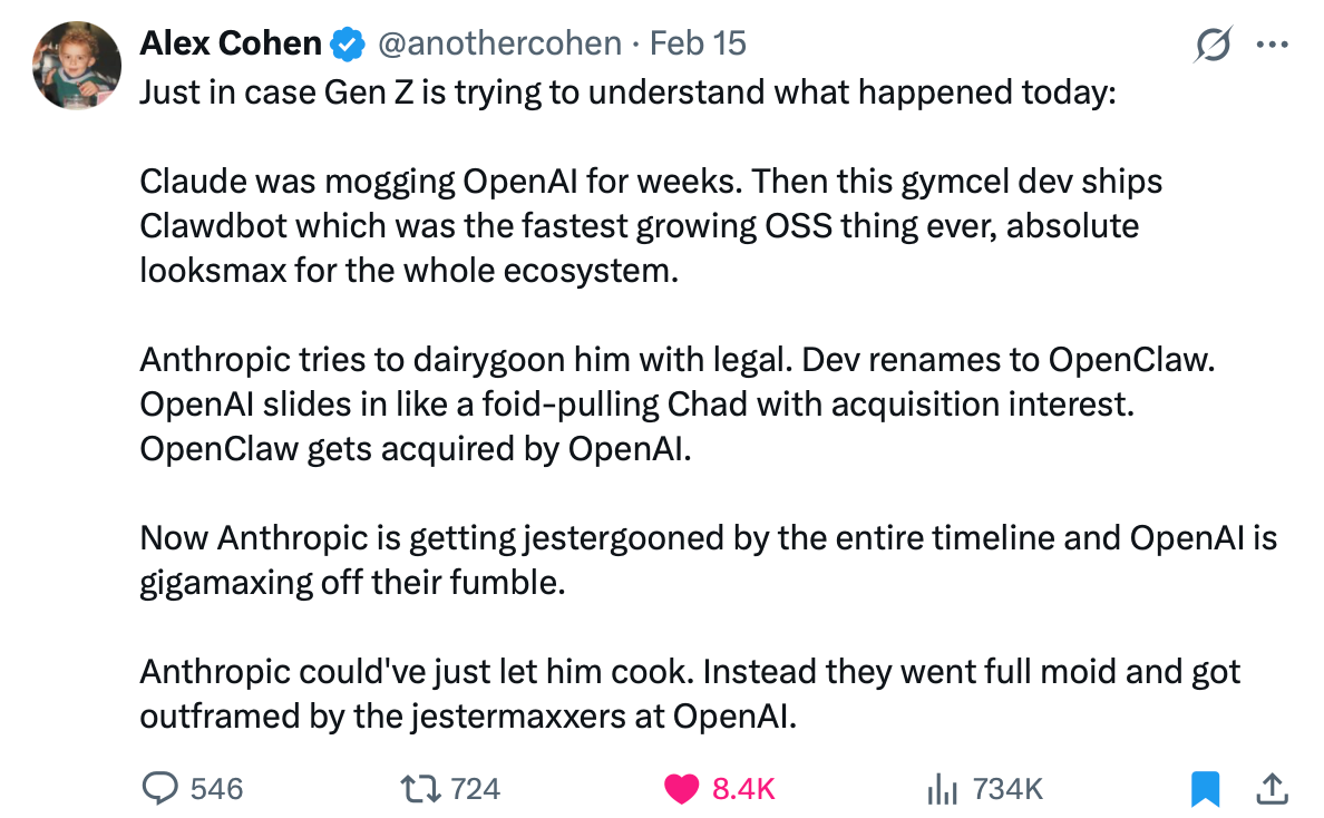 Twitter post about OpenAI acquiring OpenClaw