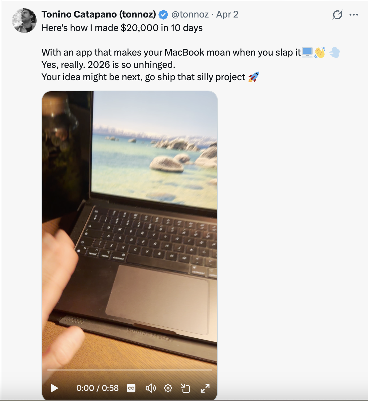 Post on X about a Mac app which makes noises when you slap your computer
