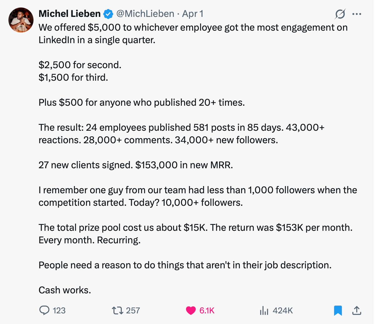 Post on X about paying employees to post on LinkedIN