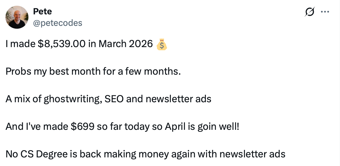 Post about Pete Codes making over $8k in March 2026