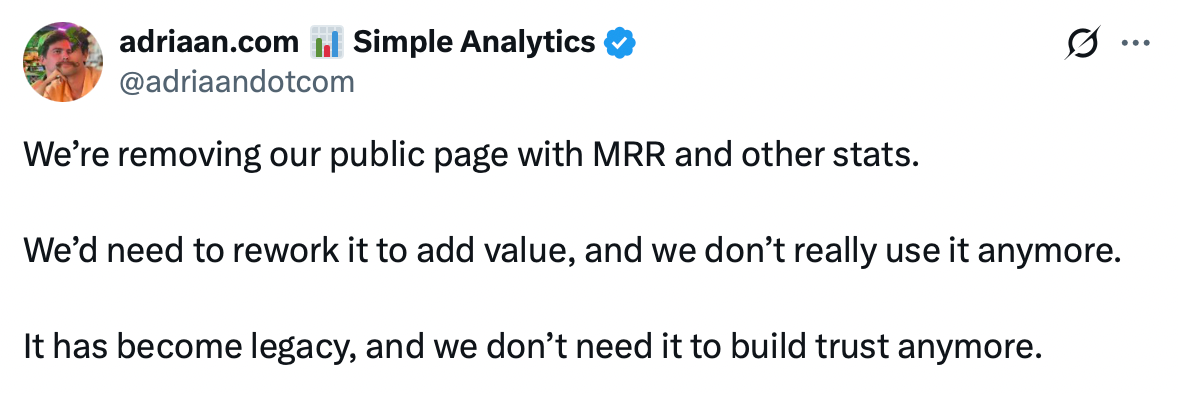 Twitter post about SimpleAnalytics ending public stats