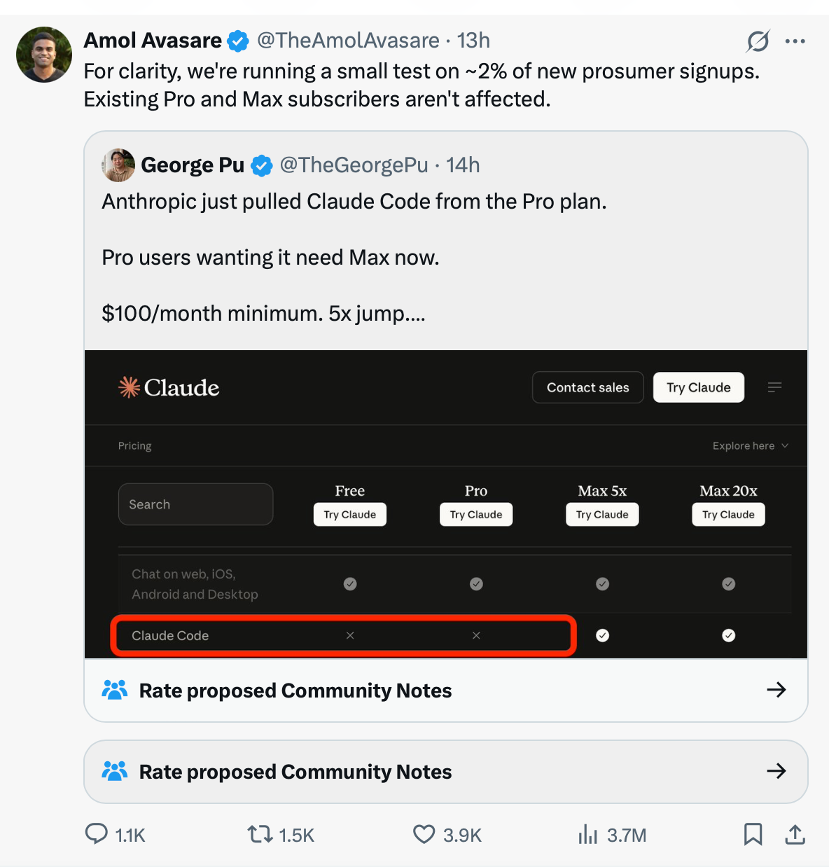 Post about Claude Code pricing confusion