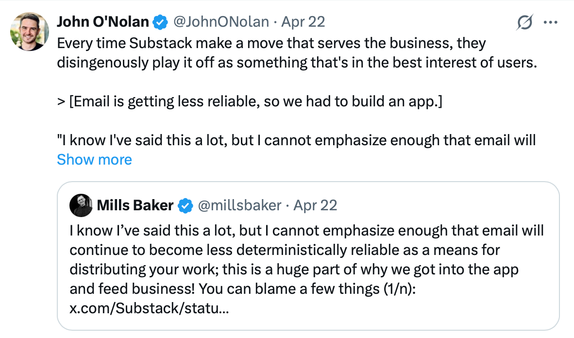 Ghost founder replying to Substack