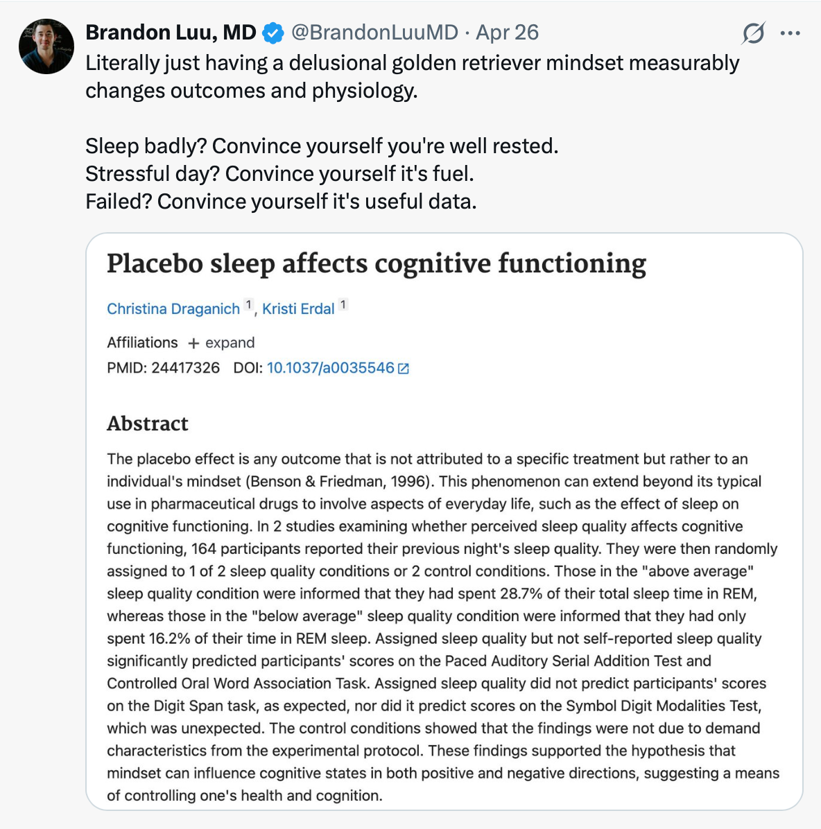 X post about sleep and mood effects