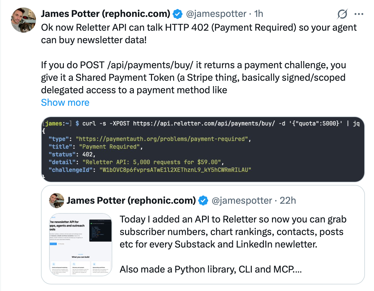 X post about letting agents buy API access