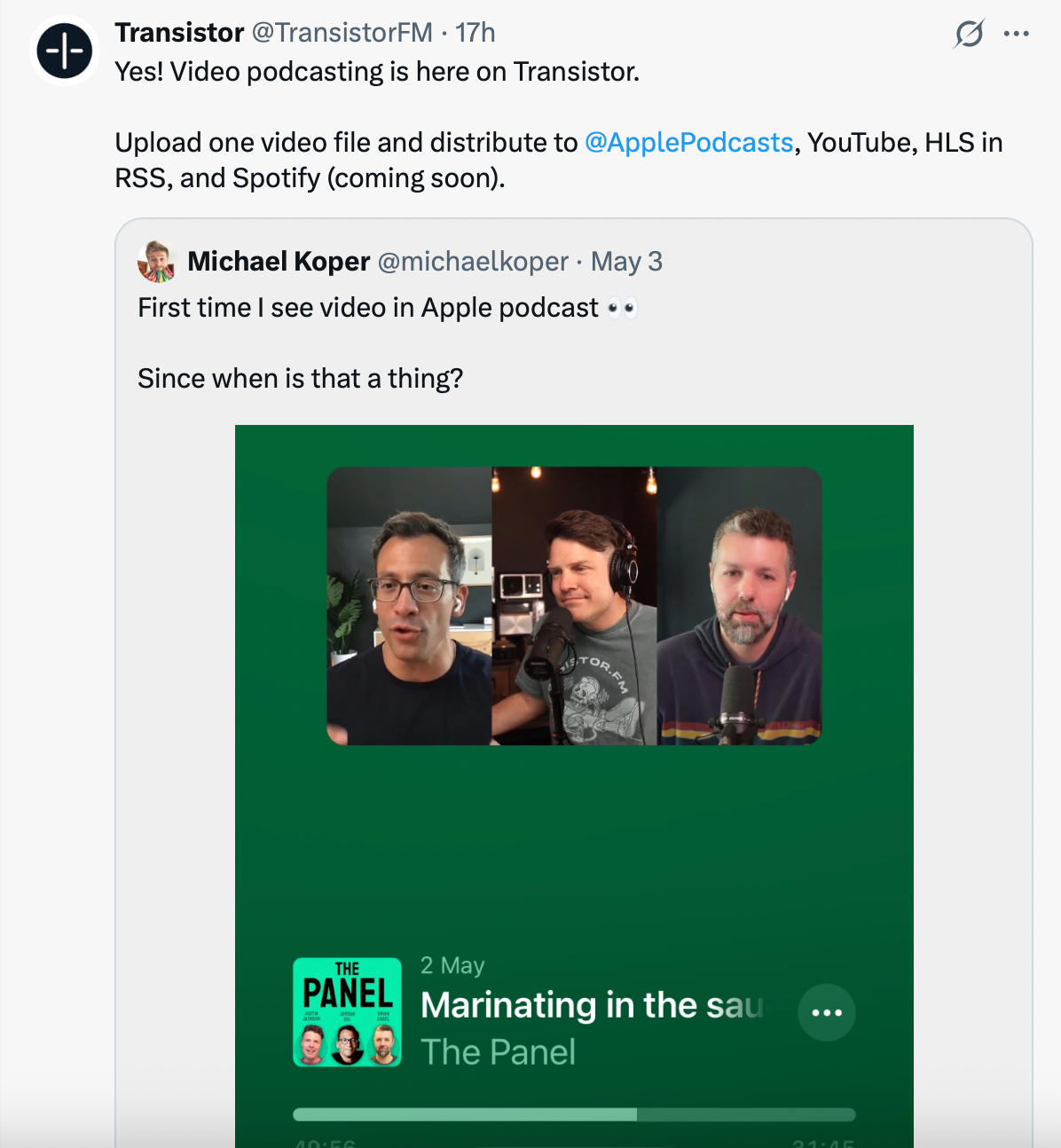 X post about transistor fm adding video