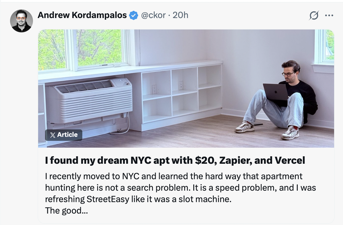 X post about making an AI agent to look for apartments