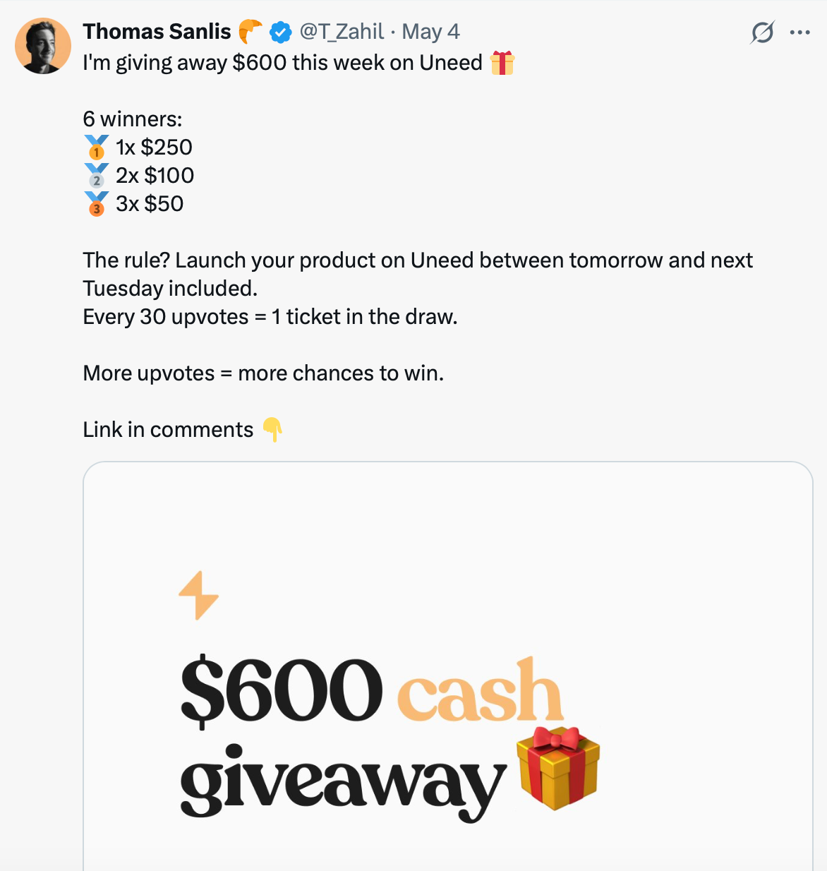 X post about Uneed contest 
