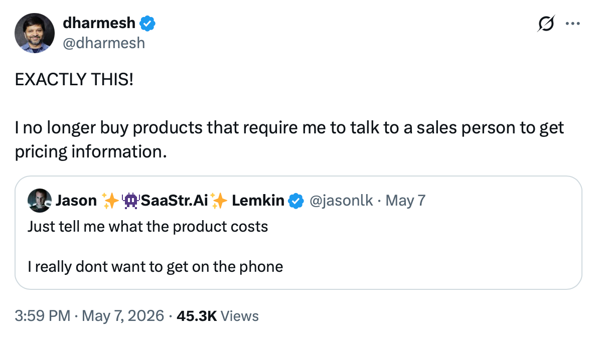 X post about sharing prices online