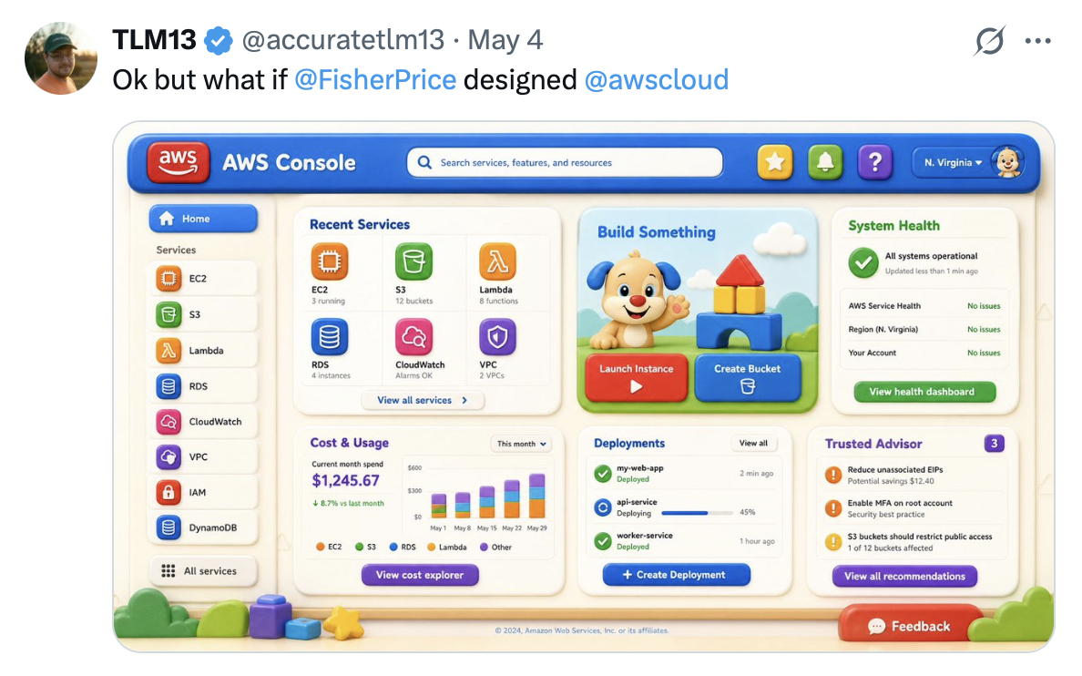 X post about fisherprice-design AWS