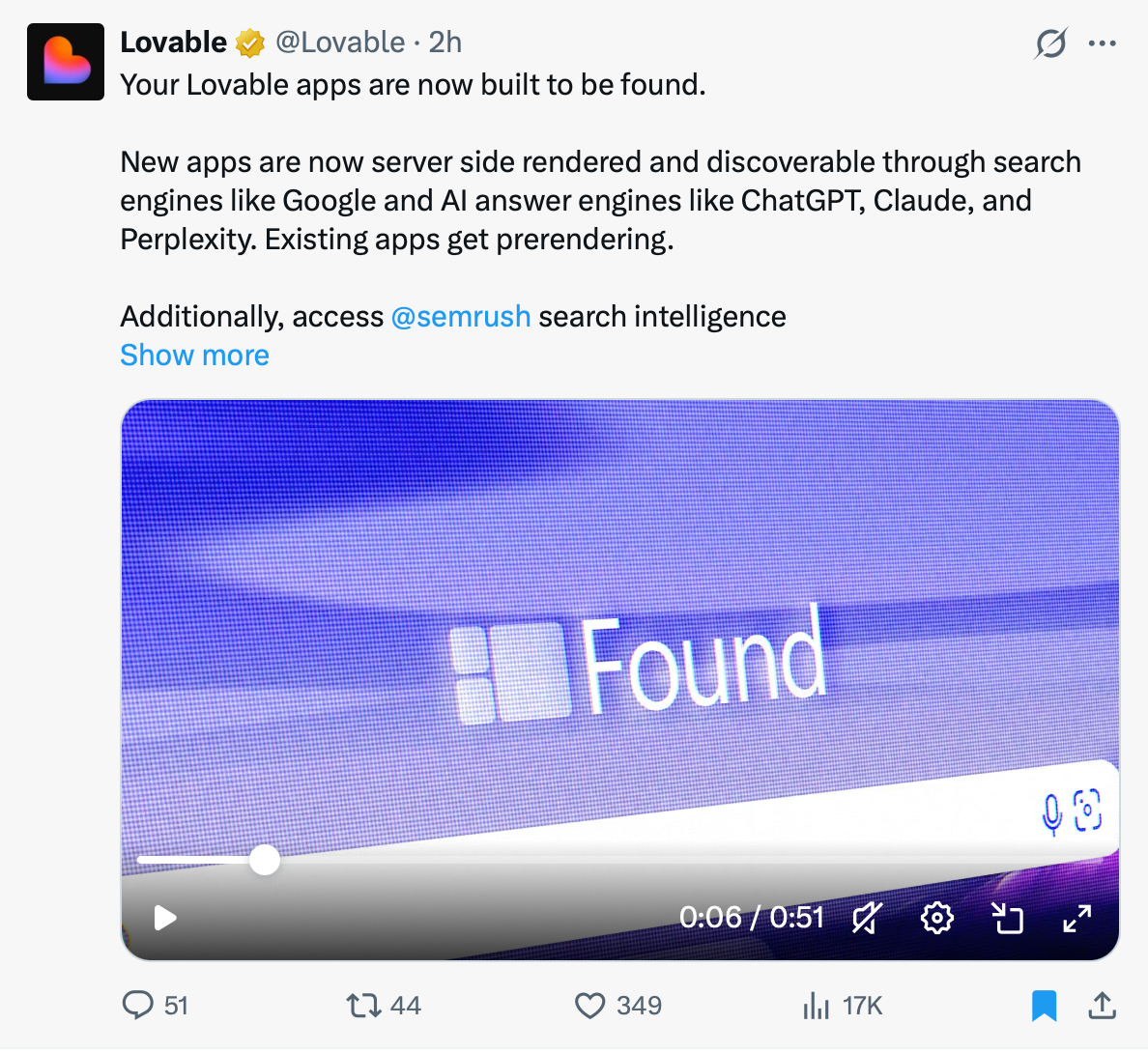 X post about lovable adding server side generation