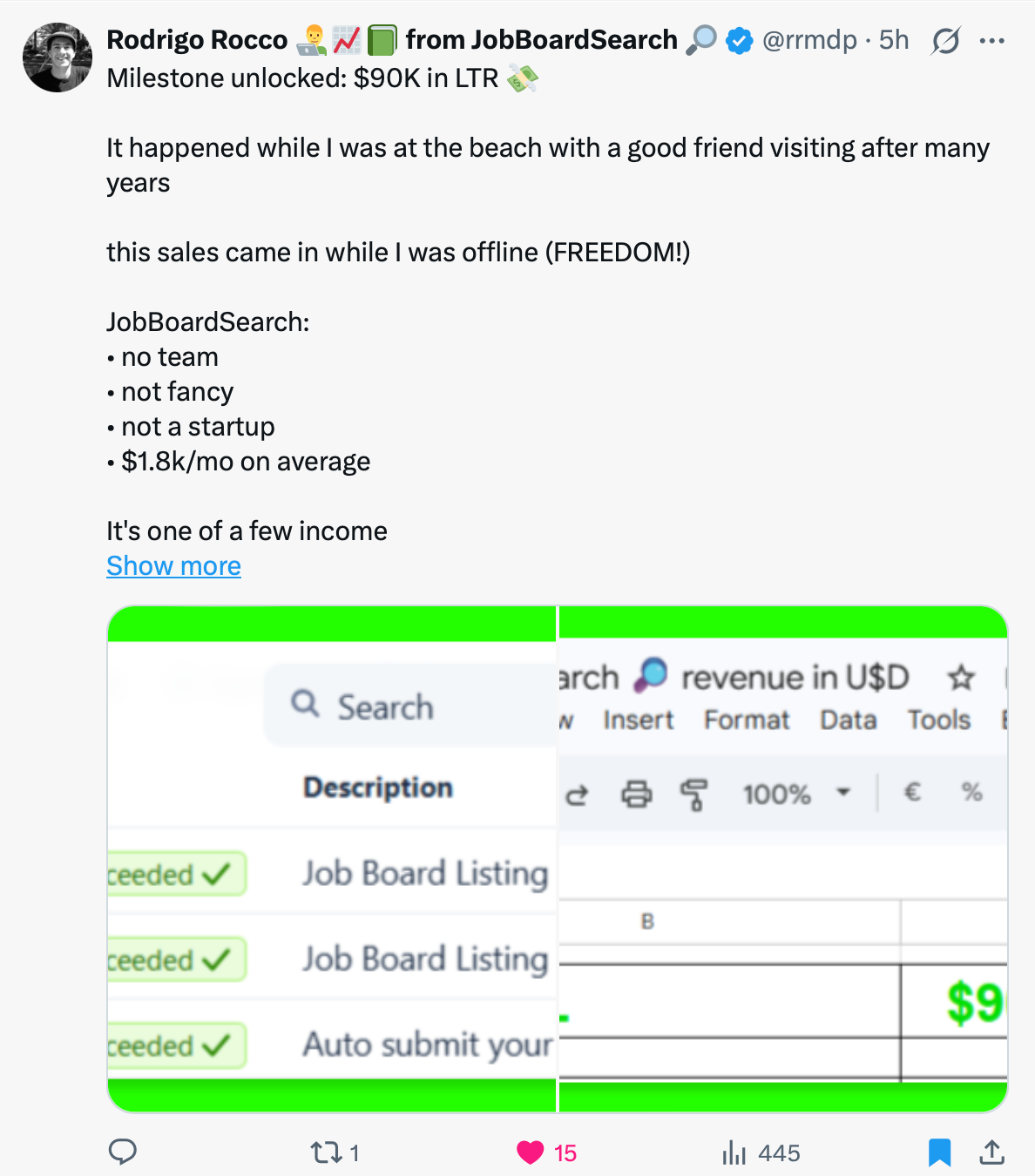 X post about making $90k from Job board directory 