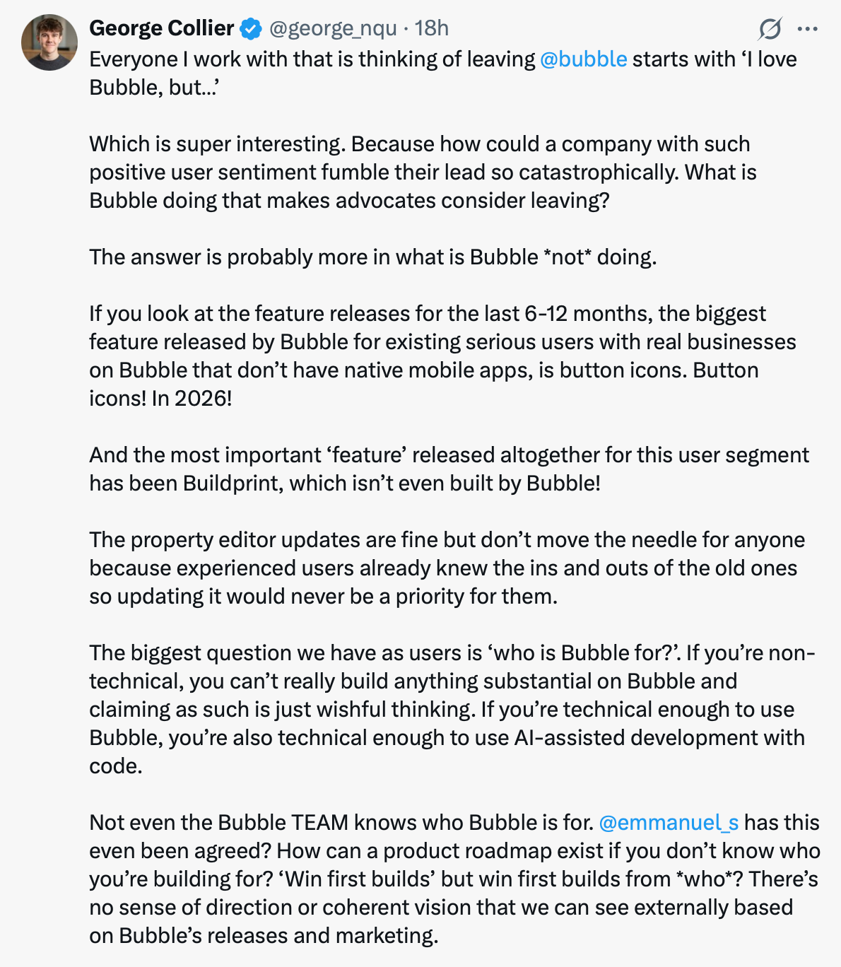 X post about Bubble frustration
