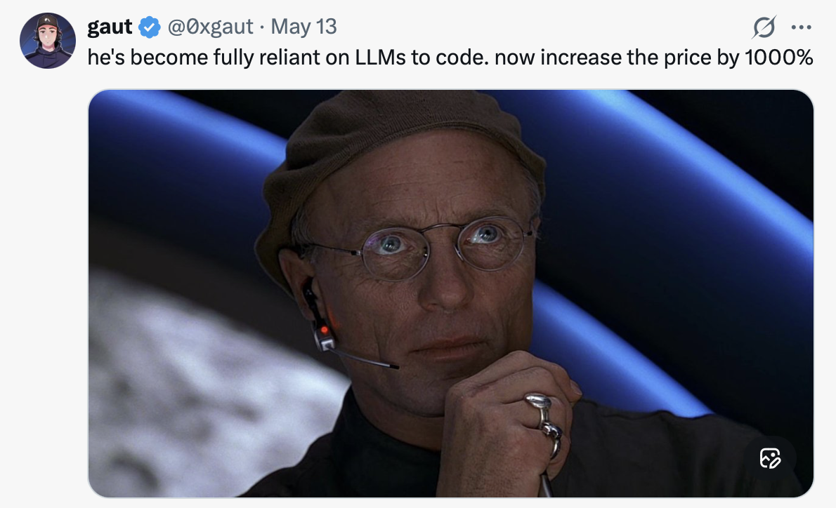 x post meme about being reliant on LLMs and then the companies increase prices