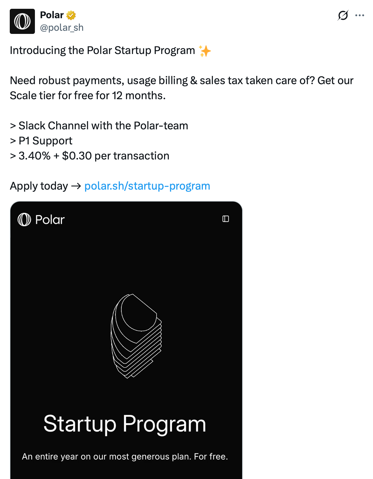 X post about Polar startup program