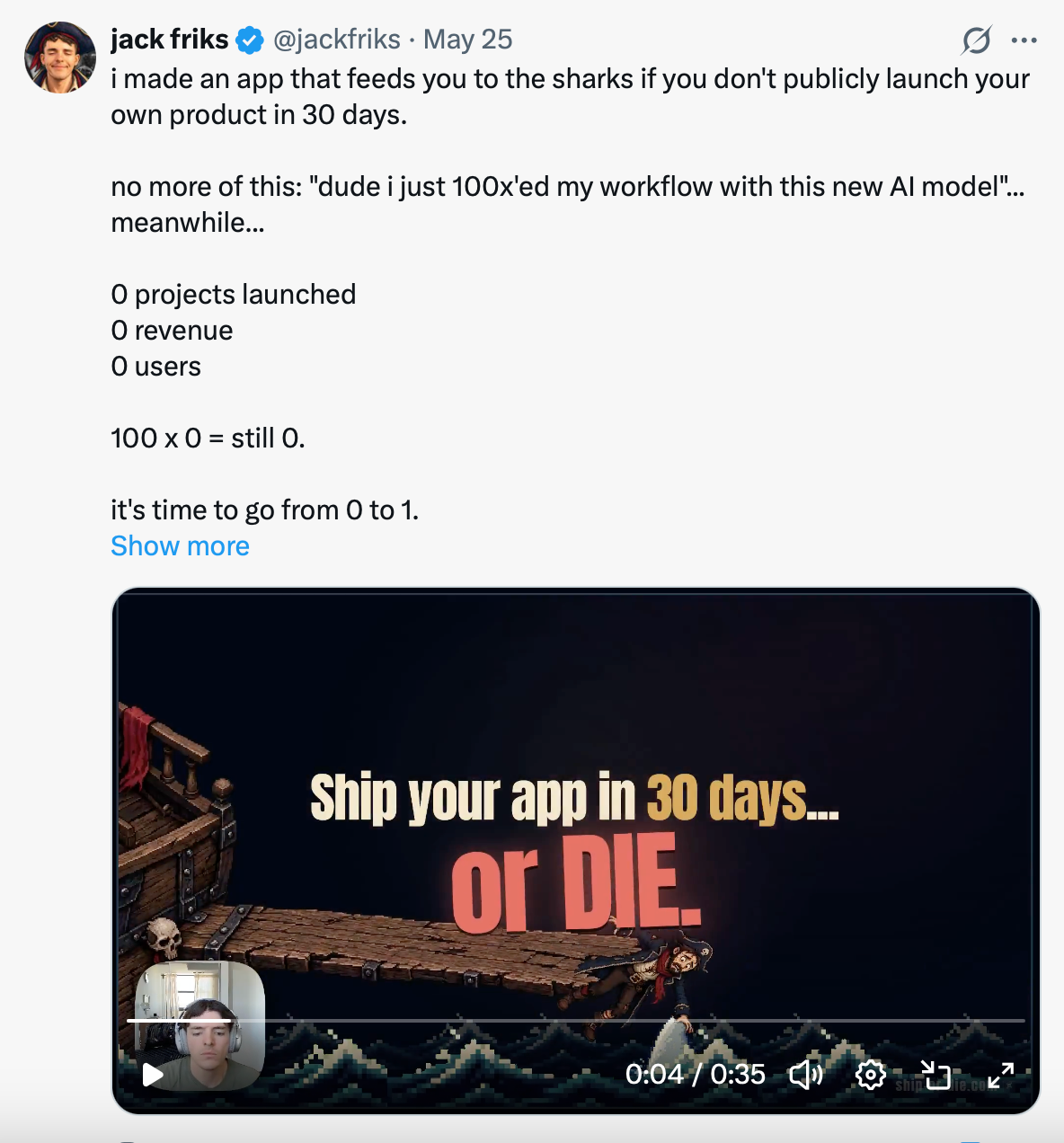 X post about Ship or Die community