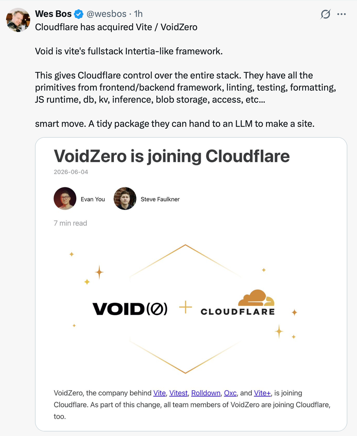 X post about Cloudflare acquiring Vite