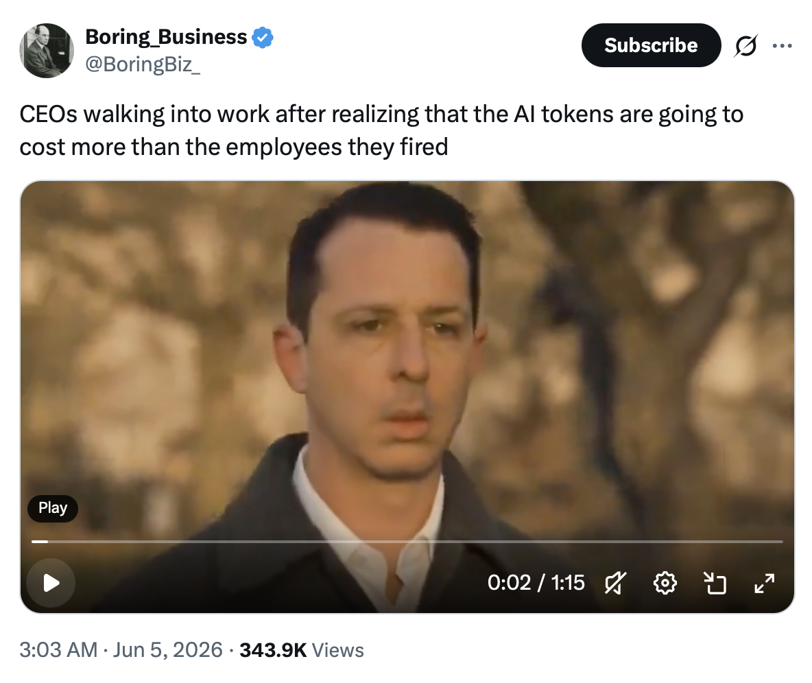 X post about AI tokens costing more than employees