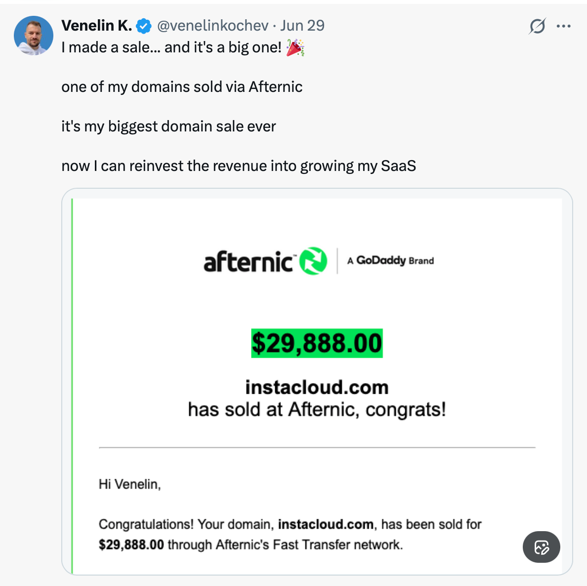 X post about selling a domain for $30k
