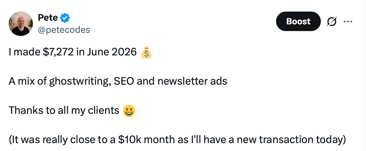 X post about Pete Codes revenue