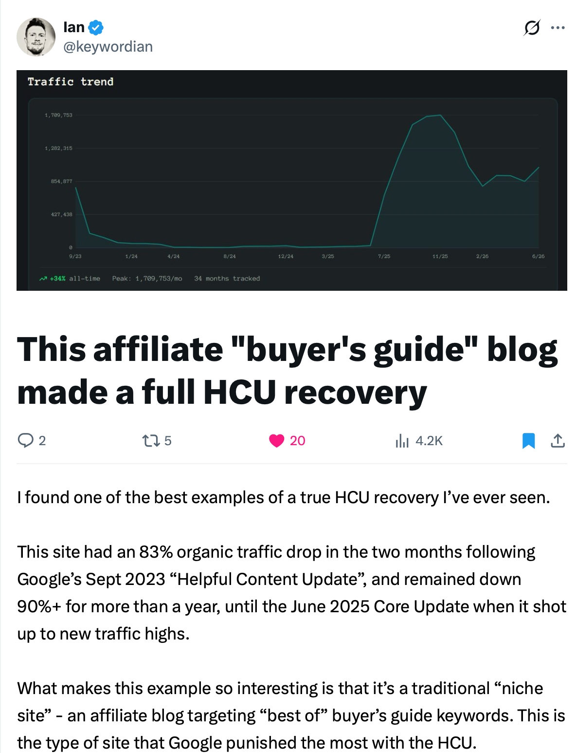 x post about recovering Google rankings