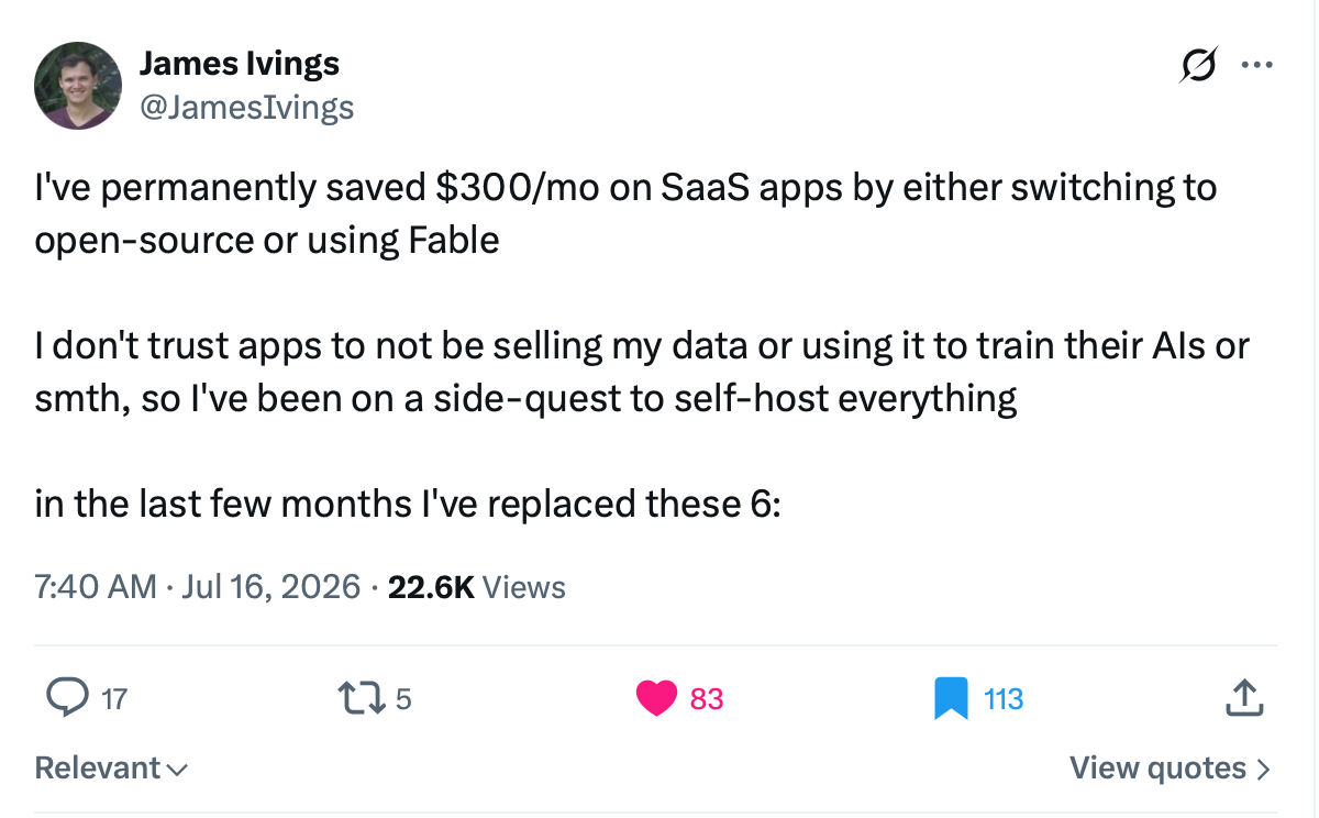 X post about saving money on software