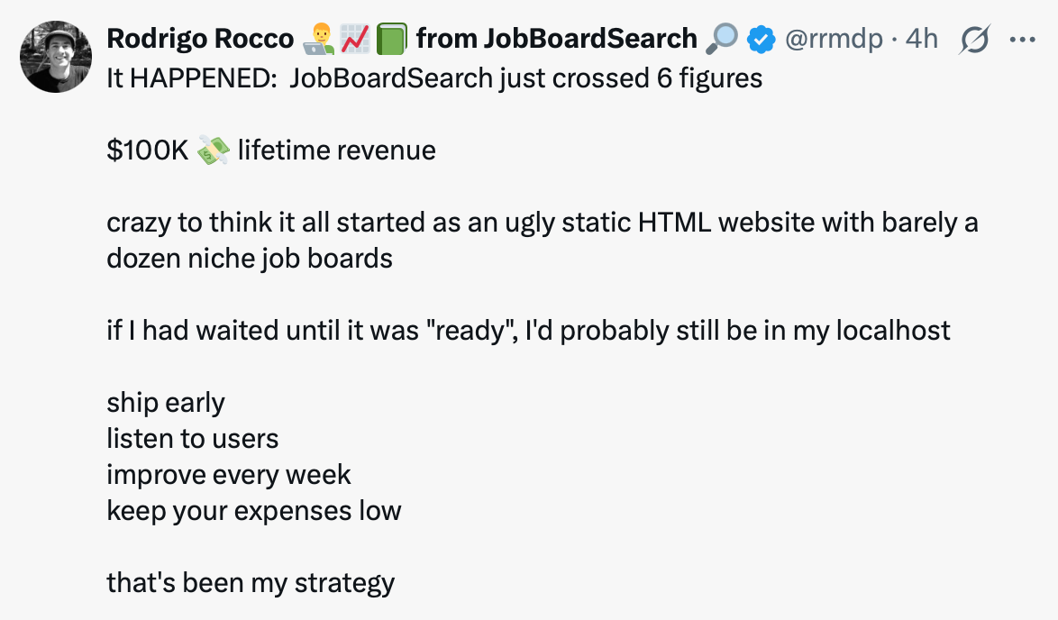 X post about job board directory making $100k