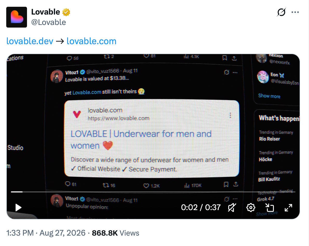 X post about lovable buying the .com