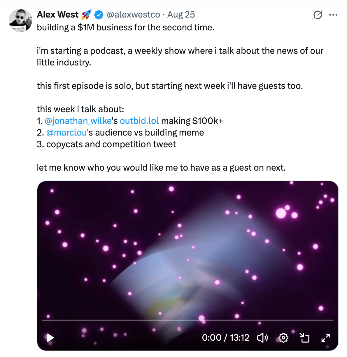X post about Alex West podcast