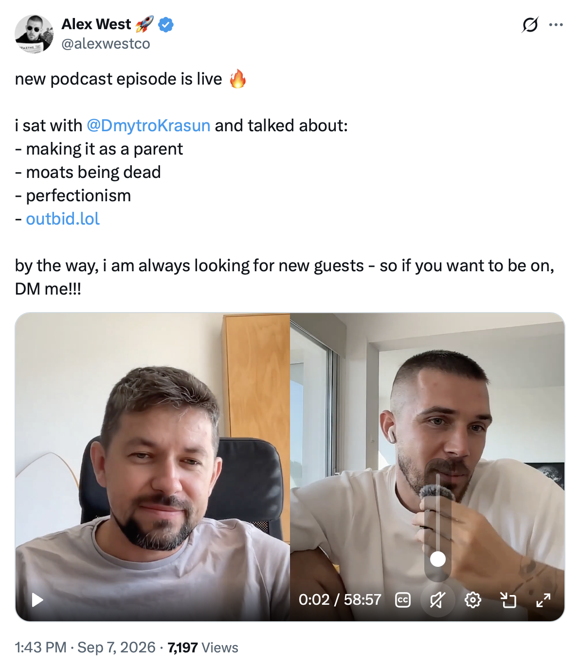 X post about Alex west podcast