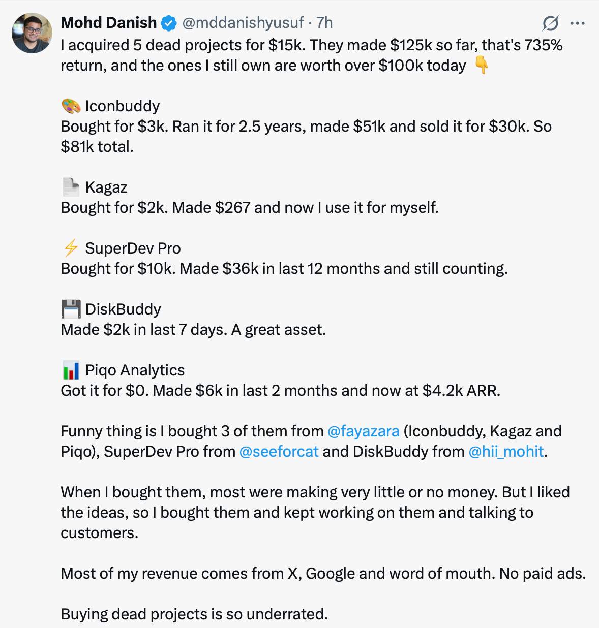 X post about acquiring projects
